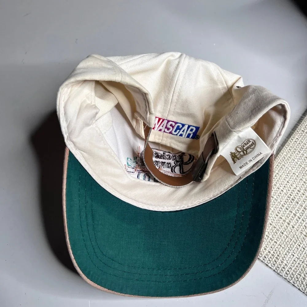 Vintage‎ NASCAR Cracker Barrel 500 Hat Cream Tan Suede Brim Leather Strap Cap